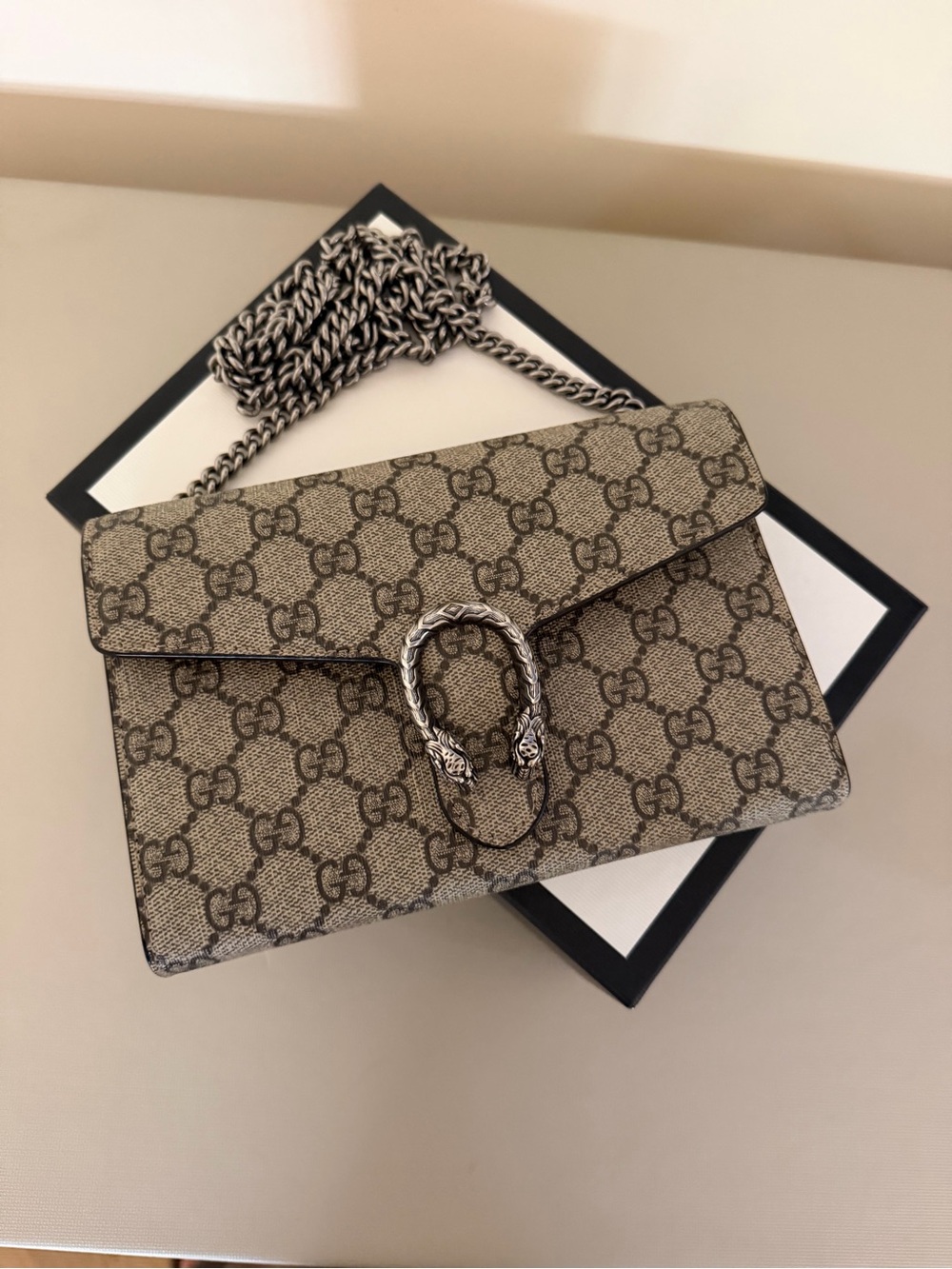 Gucci Beige GG Supreme Dionysus Chain Shoulder Bag in Brown Monogram